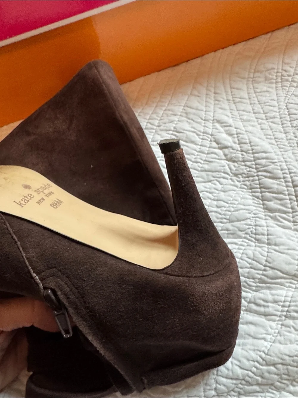 kate spade Dark Brown Suede Pointed-Toe Mid-Calf Heeled Boots with Bow